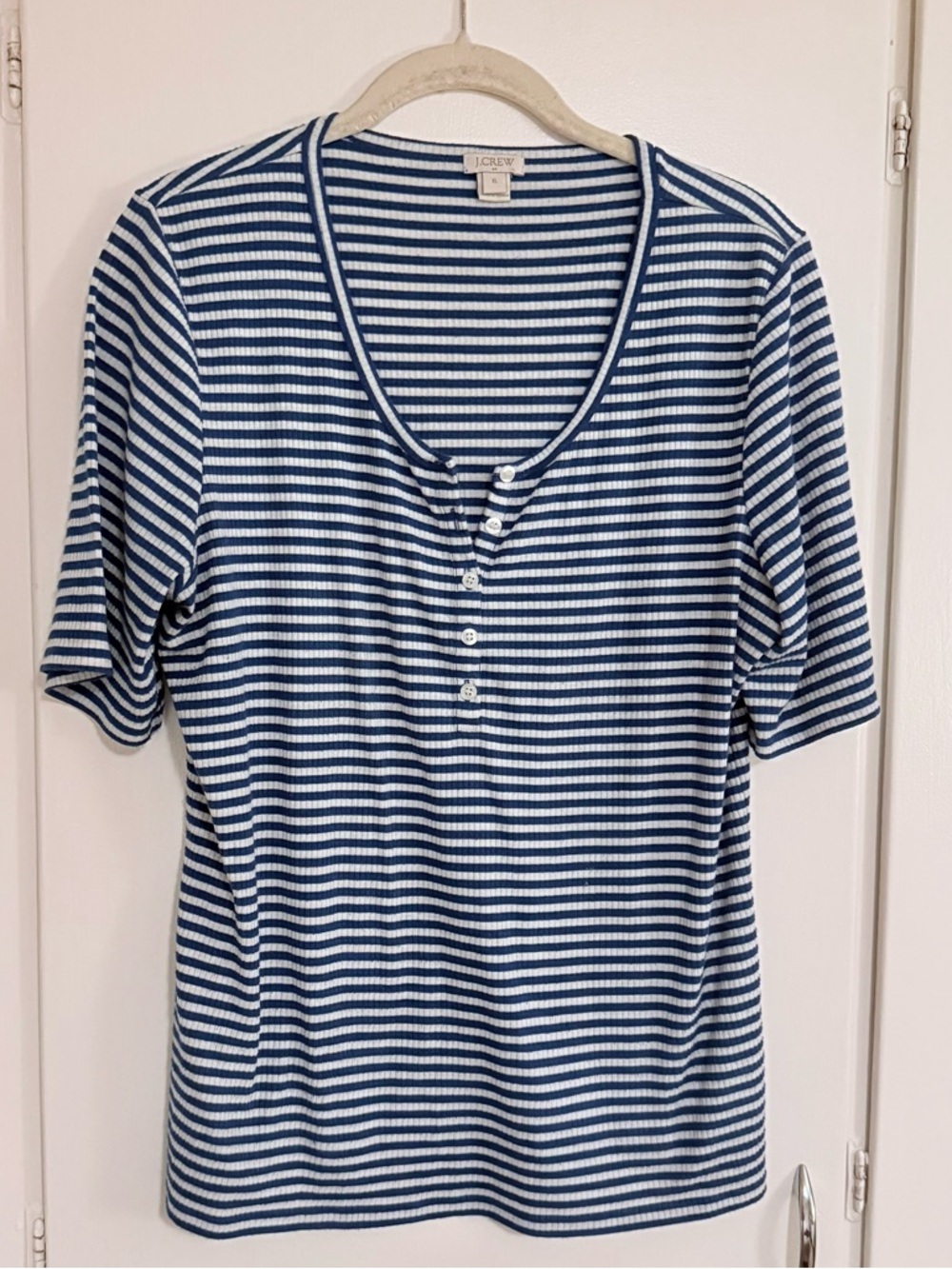 J. Crew Blue and White Striped Short-Sleeve Henley Top